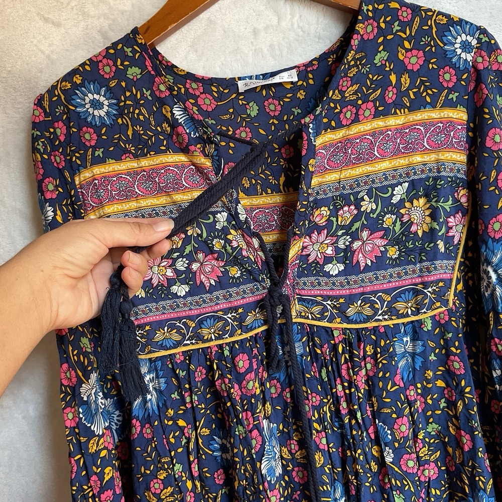 Floral Boho  Dress Womens XS Long Sleeve Midi Maxi Cottagecore Tassels - Picture 5 of 13